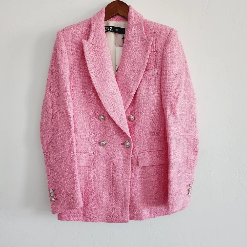 Zara Pink Double Breasted Textured Blazer Jacket  Size XS - Picture 4 of 14